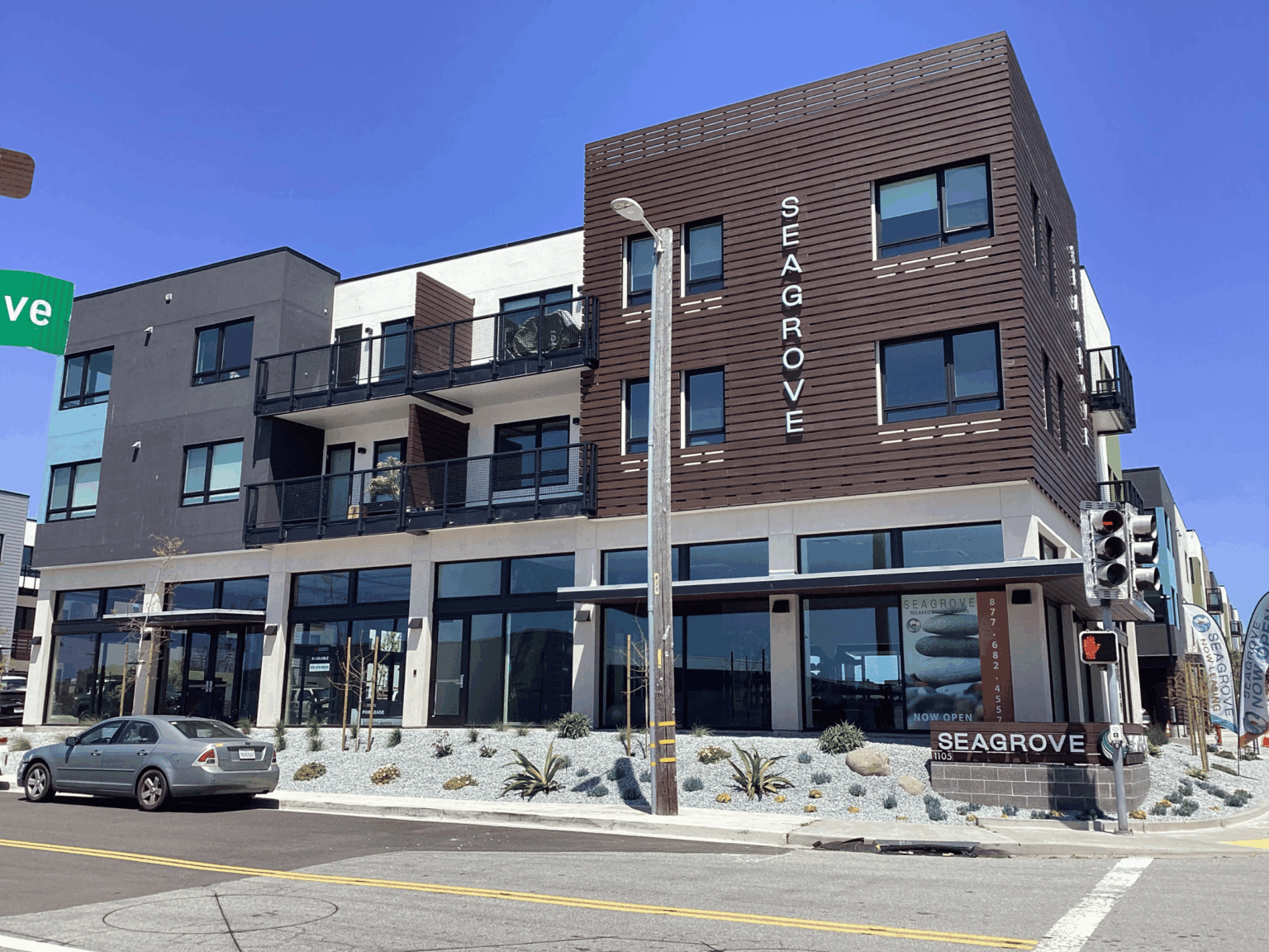 Front of th main entrance to the Seagrove Apartment complex in Seaside, CA