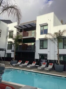 Chaise lounges at the pool at Legacy Hayward